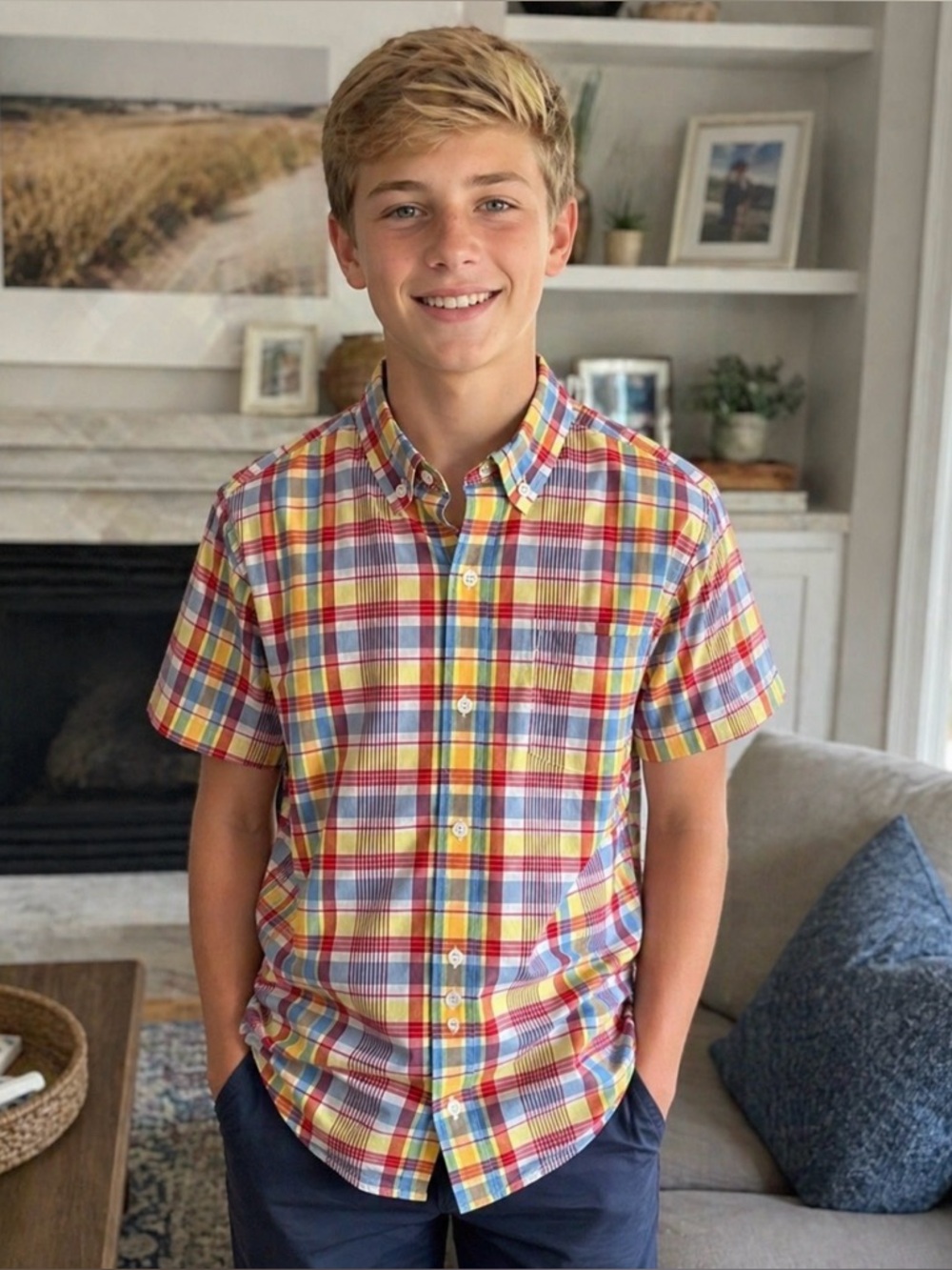 Janie and Jack Boys Button Down Short Sleeves Plaid Shirt Size 14 NWT